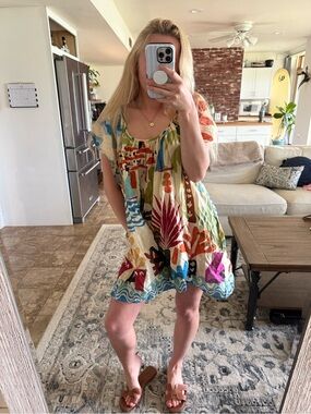 Colorful Tropical Print Mini Dress - Relaxed Scoop Neck